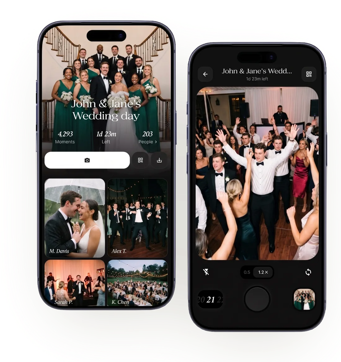 The Guest Camera on two phones — a couple's shared wedding gallery with guests' photos, and the camera guests shoot with